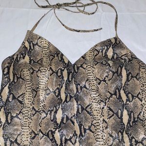 Tie-Neck Zipup Vintage Snakeskin Leather Crop Top